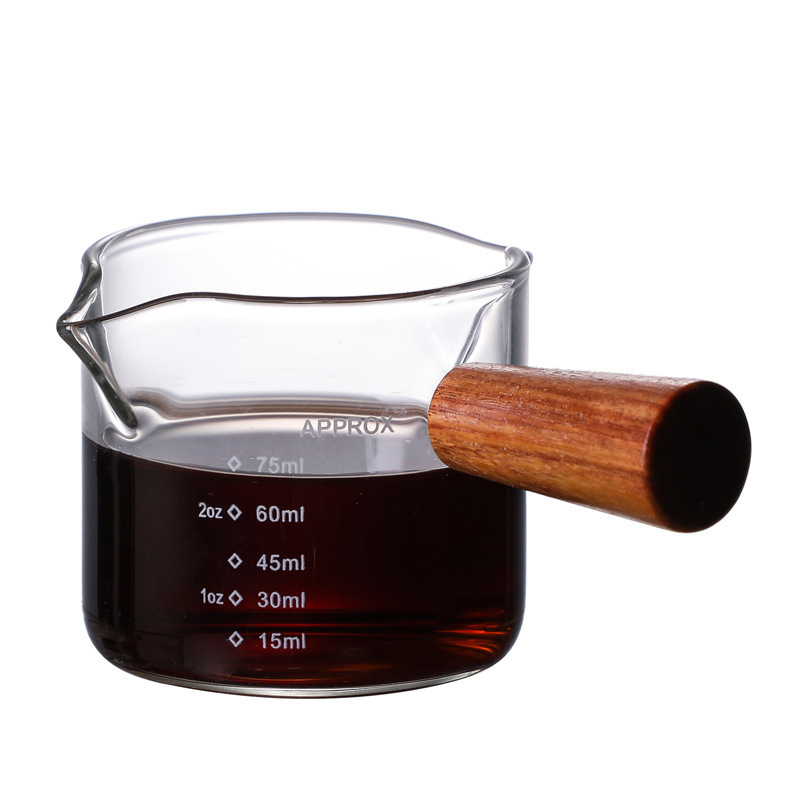 Side wooden double-mouth small milk cup transparent glass with scale measuring cup espresso cup small milk jar