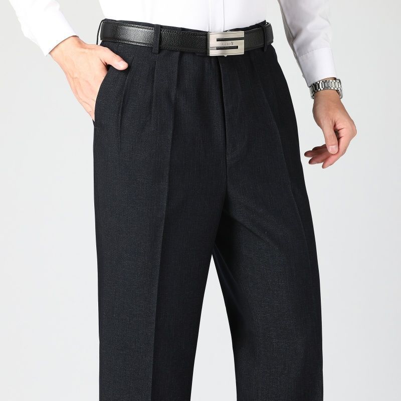 Double Pleated Trousers for Autumn and Winter, Thick, Loose, Straight, Middle-Aged and Elderly High-Waisted Deep-Cut Suit Trousers, Loose Men's Trousers, Casual and Iron-Free