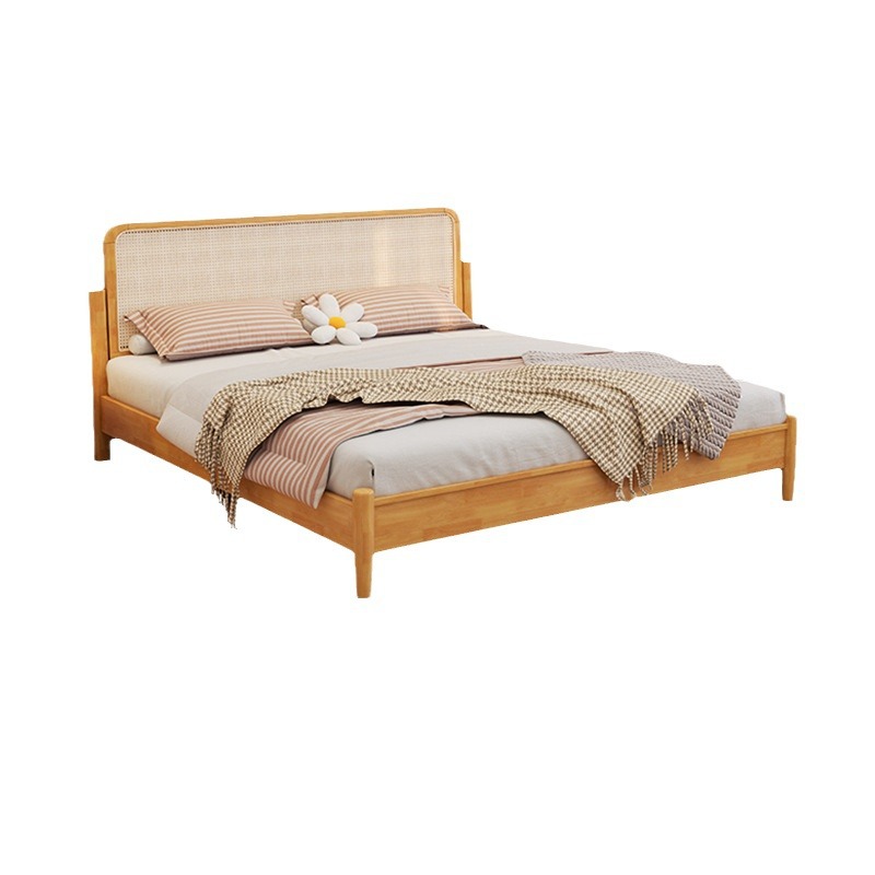 Rattan Solid Wooden Bed Modern Simple Master Bedroom 1.8m Double Bed Black Nordic Japanese Style Retro Style Quiet Style Homestay Bed