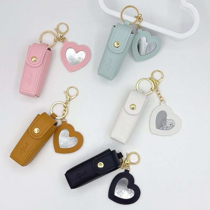 Leather Lipstick Storage Bag, Portable Small Mirror Keychain, Mini Bag Keychain Pendant Gift Idea