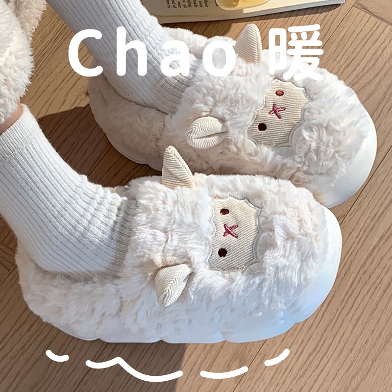 Милые хлопковые тапочки в виде овечки для женщин на осень и зиму, домашние, с толстой подошвой, мультяшные, пушистые