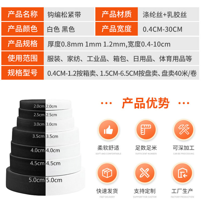 Manufacturer Wholesale Accessories Black and White Hemmed Elastic Band Thickeneded Waist Clothing Flat Elastic Plain Weave Crochet Elastic Band