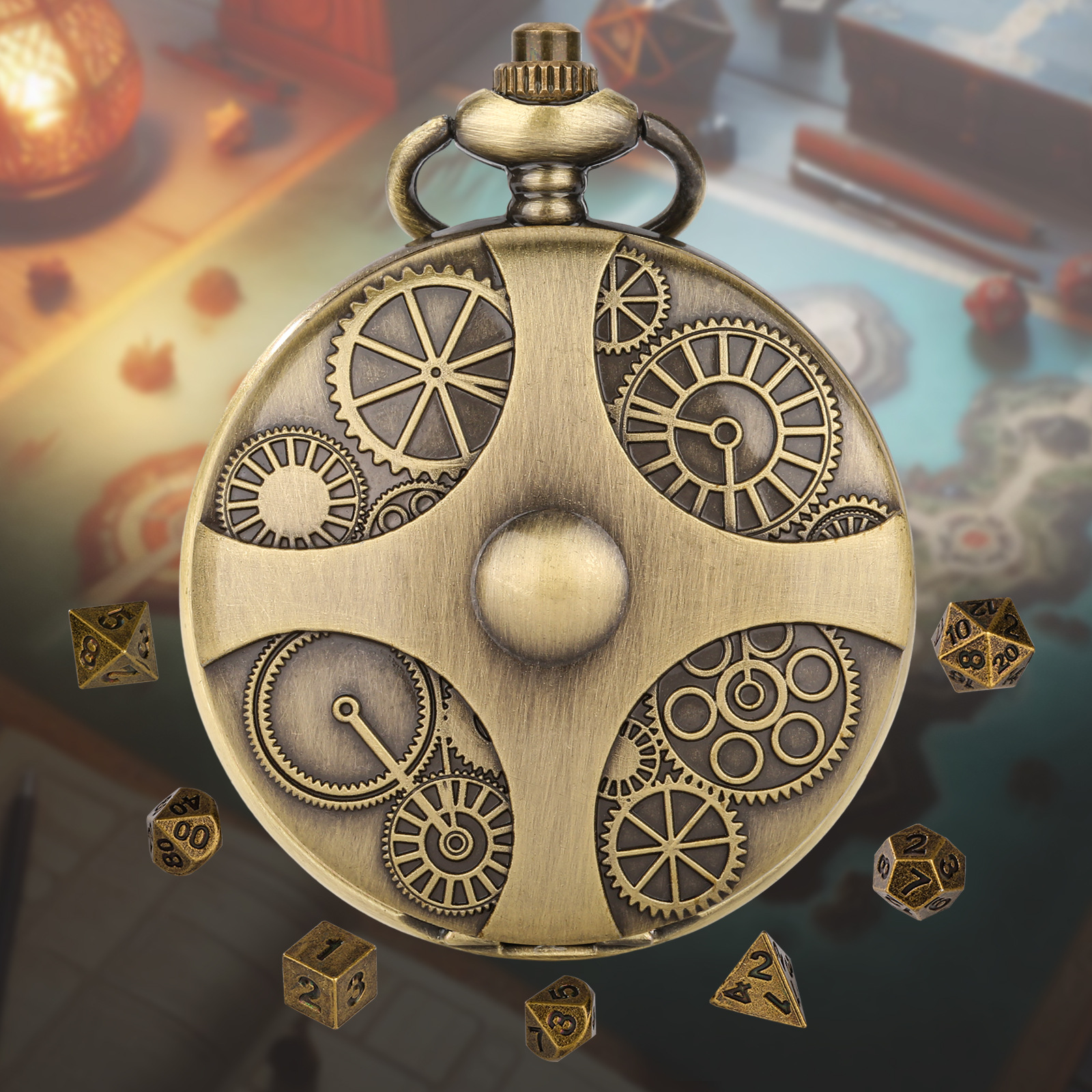 2024 new DND dice bronze gear pocket watch case thick waist chain bronze dice factory in stock direct sales