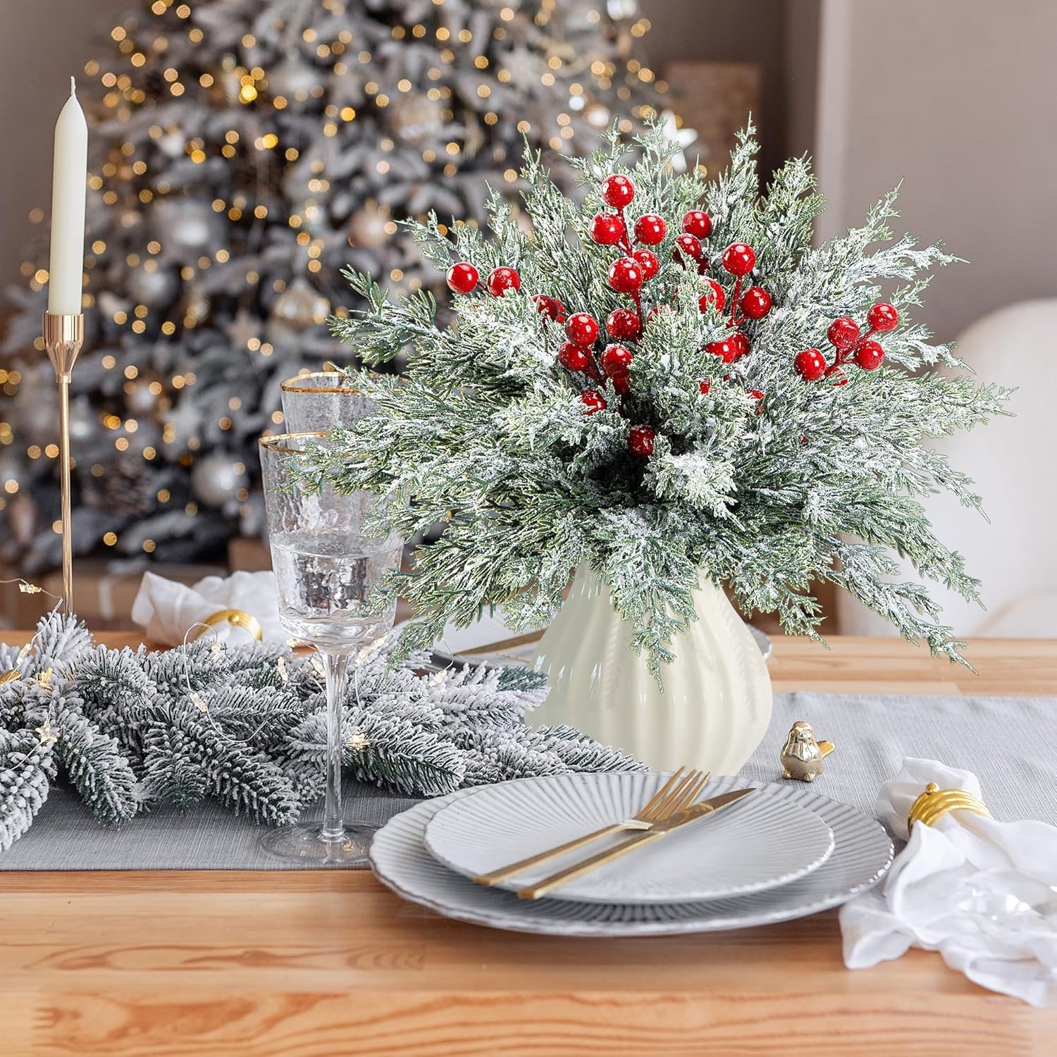 Pine and Cypress Branch Red Berry Green Plant Combination Pine Needle Home Dining Table Flower Arrangement Christmas Pine and Cypress Branch Red Berry Green Plant Combination