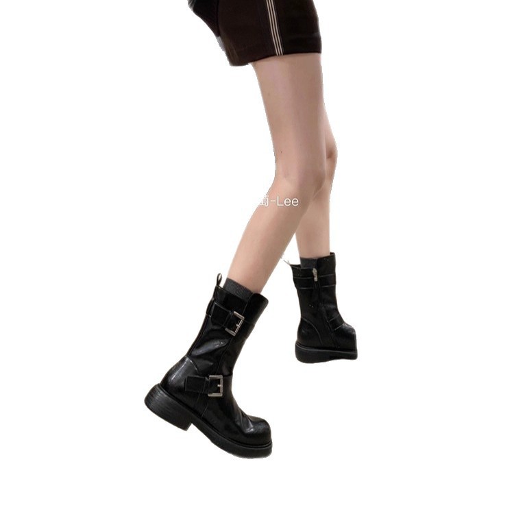 Grape Mom's Same Style, Height Increase 4cm~ Two Tube Heights, Double Buckle Straps, Round Toe, Side Zipper, Thick-Soled Knight Boots for Women, Winter