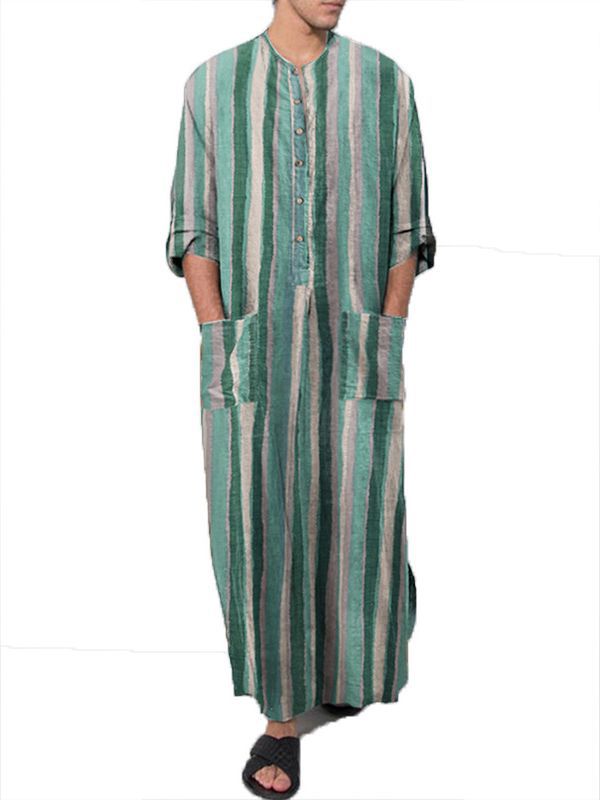Foreign Trade Spring and Summer New Middle East Clothing Long-sleeved One-piece Arabian Men's Striped Printed Muslim Men's Robe