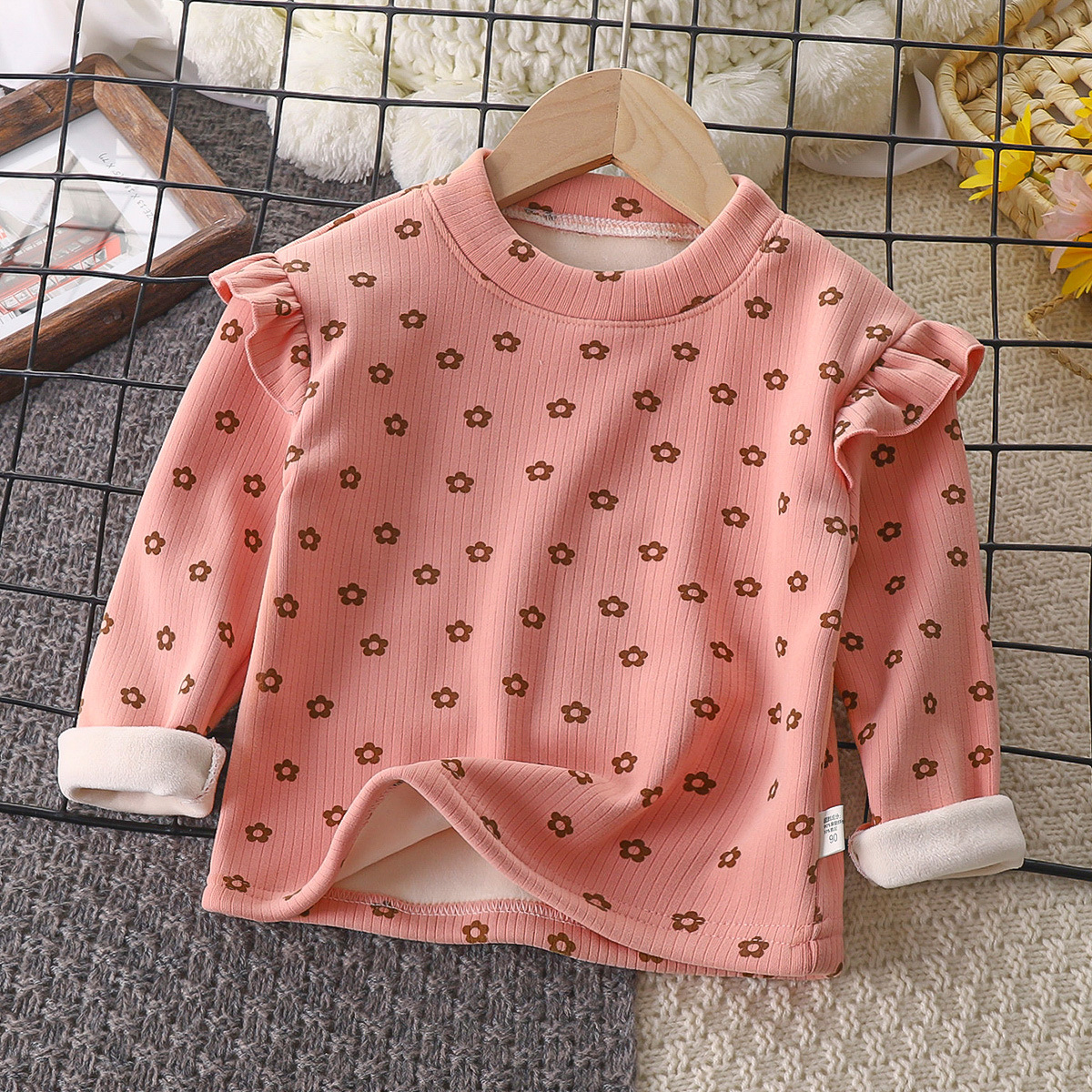 Girls Autum and Winter Floral Bottoming Shirt Girls Flying Sleeve Autum T-Shirt Little Girl Versatile Popular Flying Sleeve Bottoming Shirt