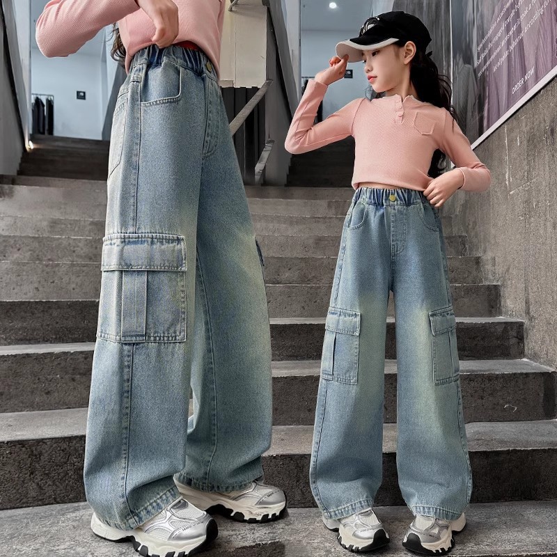 Girls' Cargo Jeans Spring and Autumn New Style, Medium and Large Children's Straight Loose Wide-Leg Pants, Children's American Style Spring and Autumn Pants