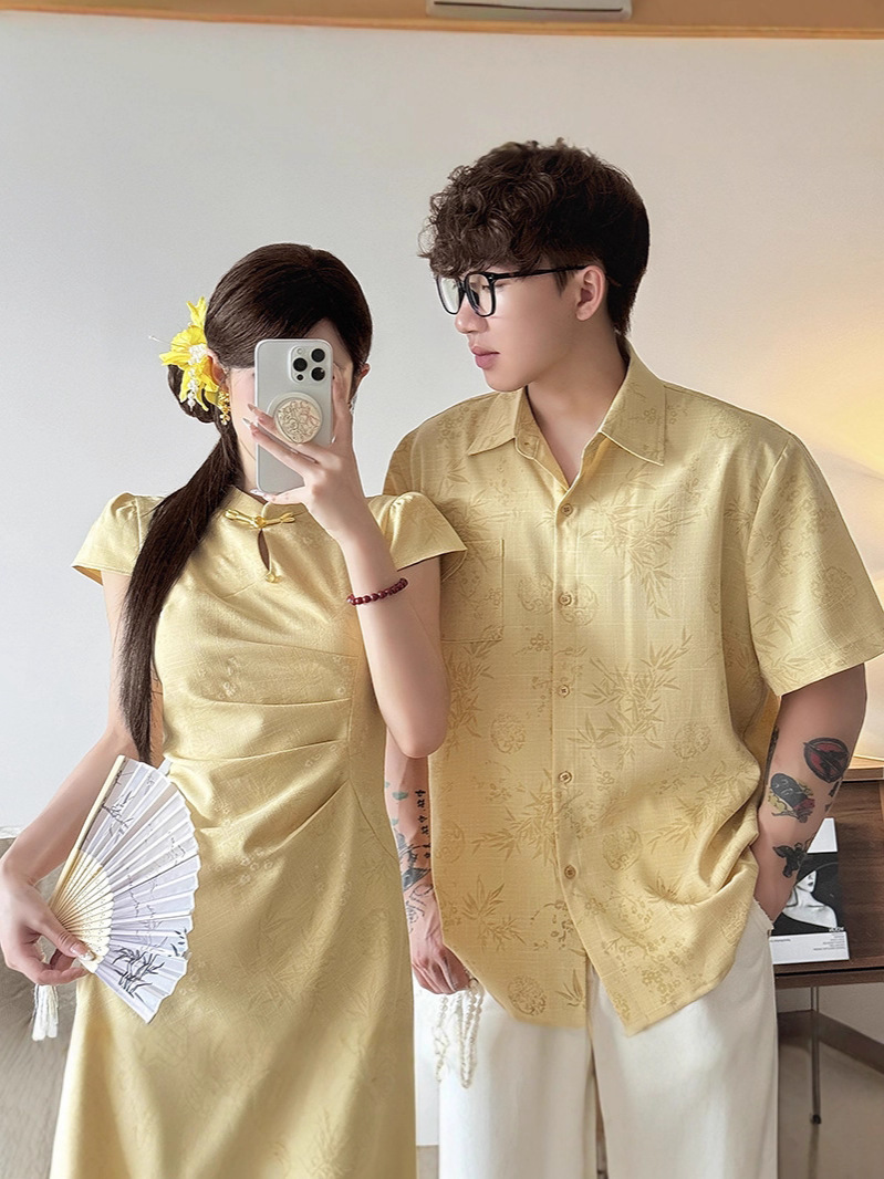 Chinese Style Couple's Short-Sleeve Shirt Summer Improved Waist Versatile Short Women's Design Cheongsam Dress
