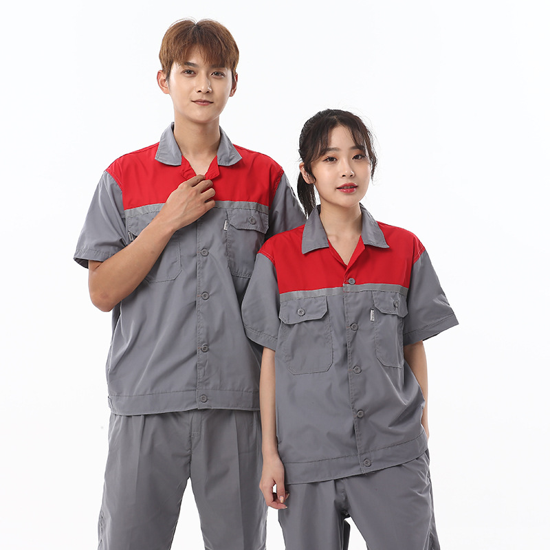 Summer Short-Sleeved Labor Protection Clothing, Thin Breathable Work Clothes, Wear-Resistant Auto Repair Clothing, Factory Clothing, Polyester-Cotton Workshop Work Clothes Wholesale