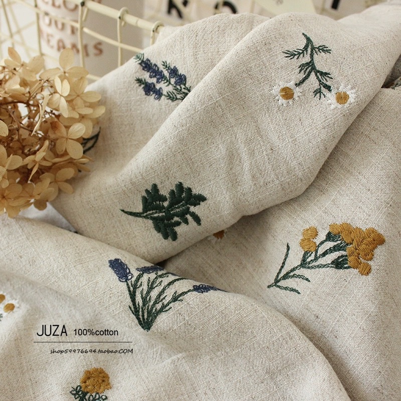 Хлопковая и льняная вышитая ткань лаванды, ручная работа, ткань для одежды, пасторальный стиль, 2 цвета