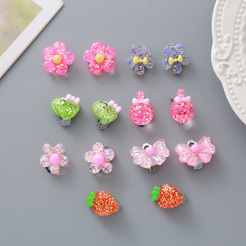 Children's Ear Clips for Girls and Babies Without Pierced Ears, Pain-Proof, Cute Resin Glitter Crown Flower Princess Earrings Jewelry