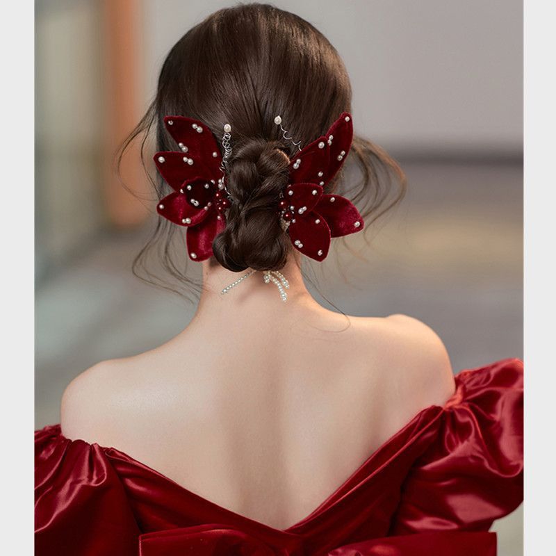 New Elegant Bride Burgundy Butterfly Hairpin Set Bridal Dress Toast Dress Headdress Photo Style with Fragrance