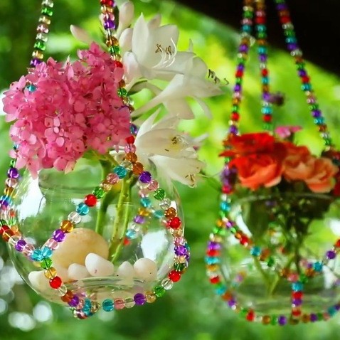 Crystal Bead Flower Pot Hanging Basket Net Bag Long Style Plant Fresh Home Gardening Hanging Basket Net Bag Plant Flower Pot Net Bag