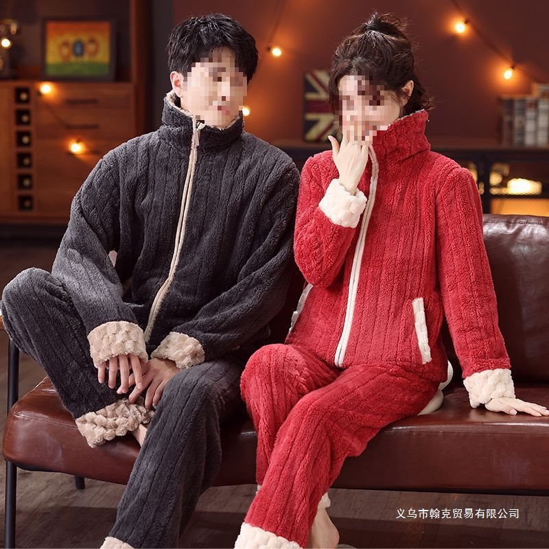 2025 Autumn and Winter Couple's Velvet Thickened Zipper Warm Loose Wearable Pajamas Home Wear Set