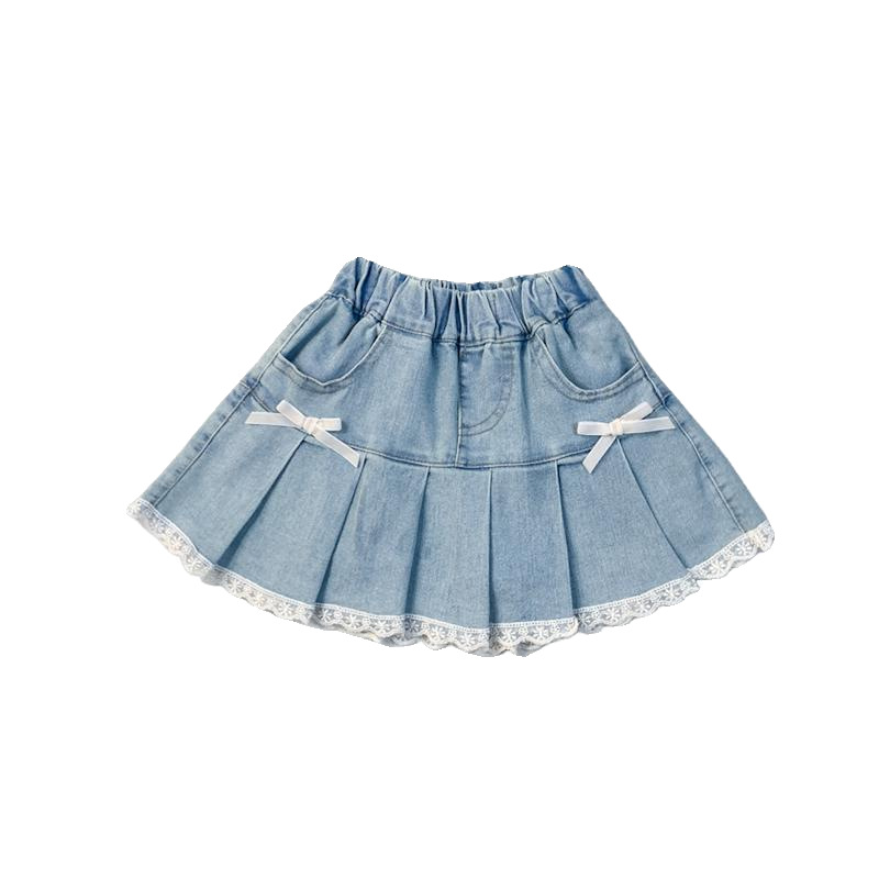 Girls' Summer Denim Short Skirt for Baby Girls Korean Style New Style Cute Bow Lace Pleated Skirt Trendy