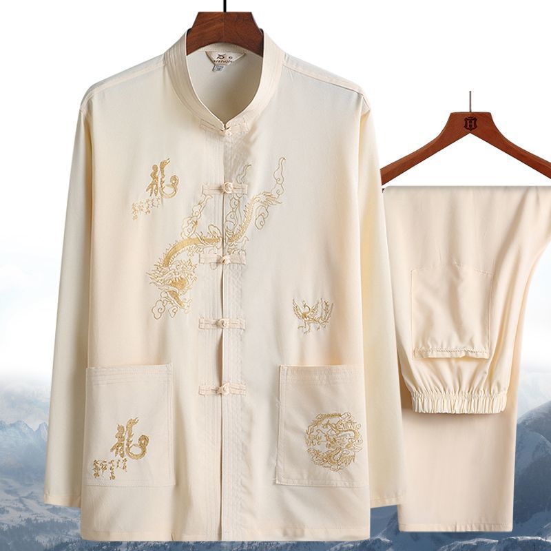 Костюм в стиле танг для мужчин среднего и пожилого возраста, двухкомпонентный, китайский стиль, для дедушек, летняя одежда, длинный рукав, ханфу