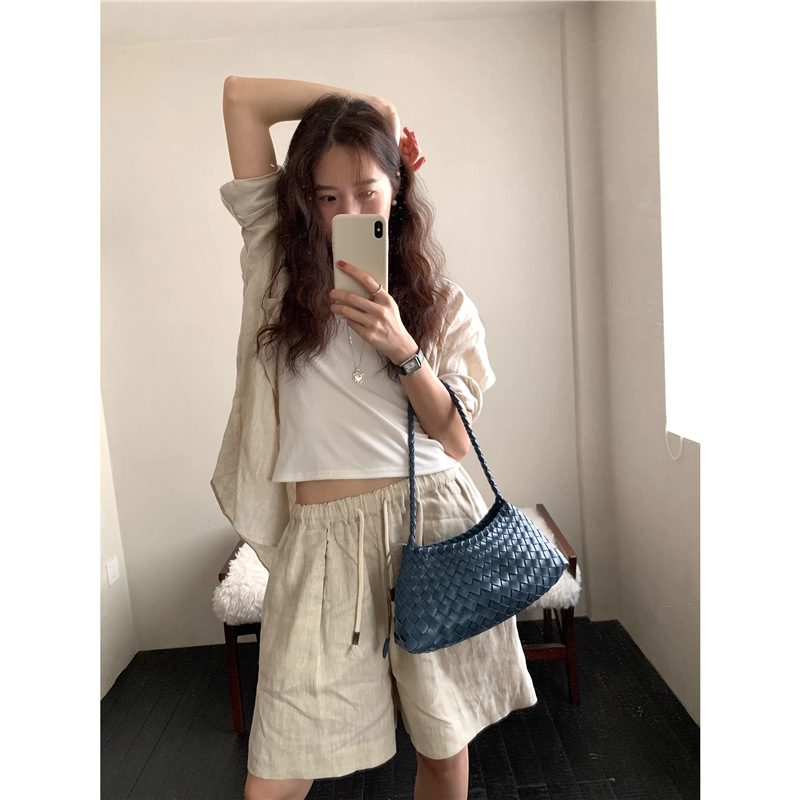 Hand-Woven Sailboat Bag, Fresh Color Matching Mint Green Armpit Bag, Casual Holiday Style Shoulder Handbag for Women