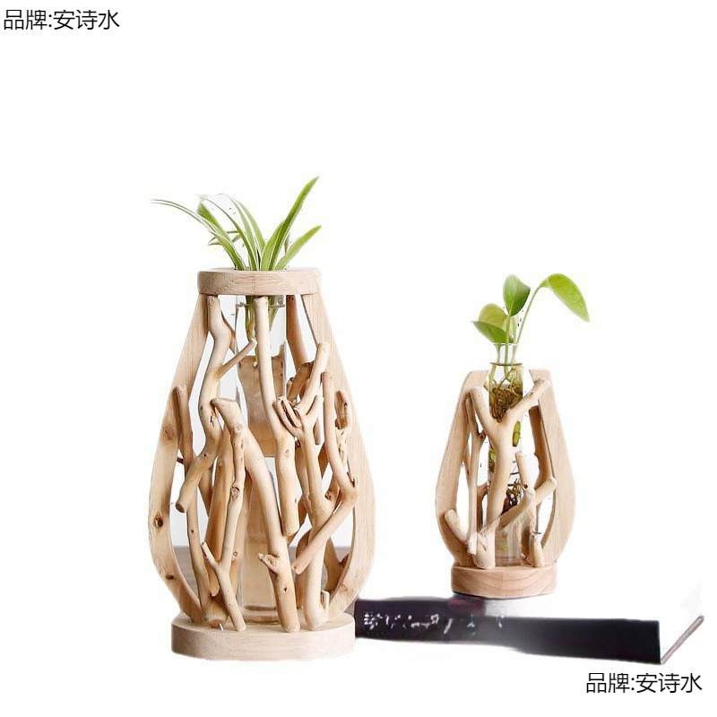 Handmade Solid Wood Small Vase Landscape Ornaments Solid Wood Flower Vessel Hydroponic Test Tube Pastoral Mini Multi-Potted Creative