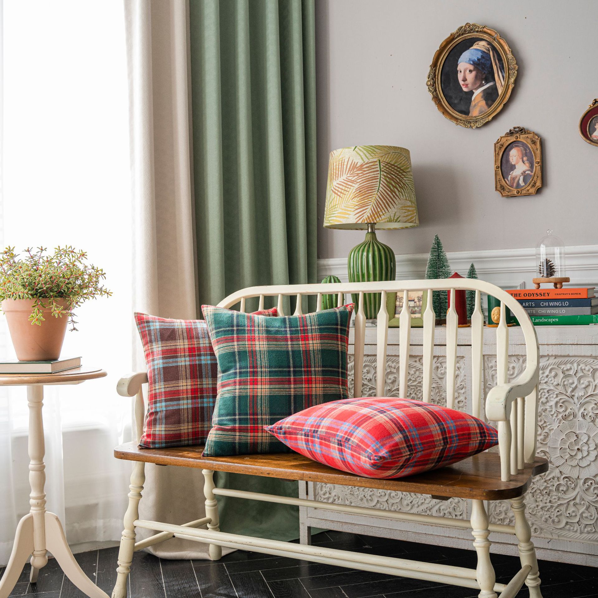 Yuman Qiyun Holiday Pillow Cover Sofa Pillow Green Plaid Christmas Cushion Cover Model Room Pillow Without Core