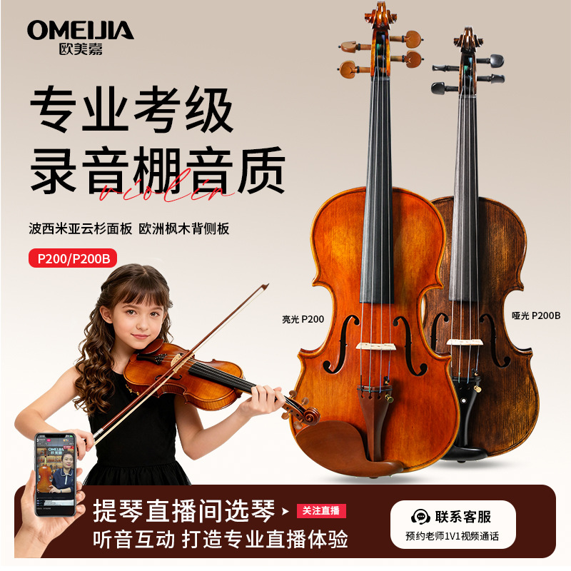 Oumeijia Handmade Violin, Solid Wood Adult Professional Performance and Examination Instrument with Sensitive Sound, P200 Violin