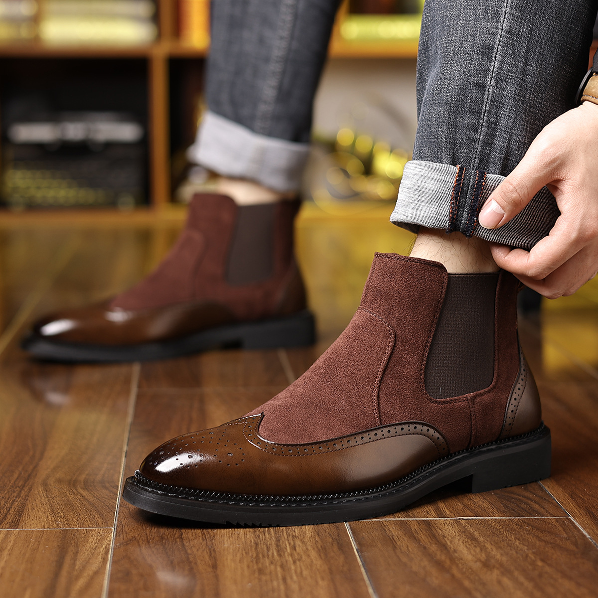 Cross-Border Men's Pointed-Toe Martin Boots New Fashion Retro British Style Leather Boots Business Casual Versatile Chelsea Boots