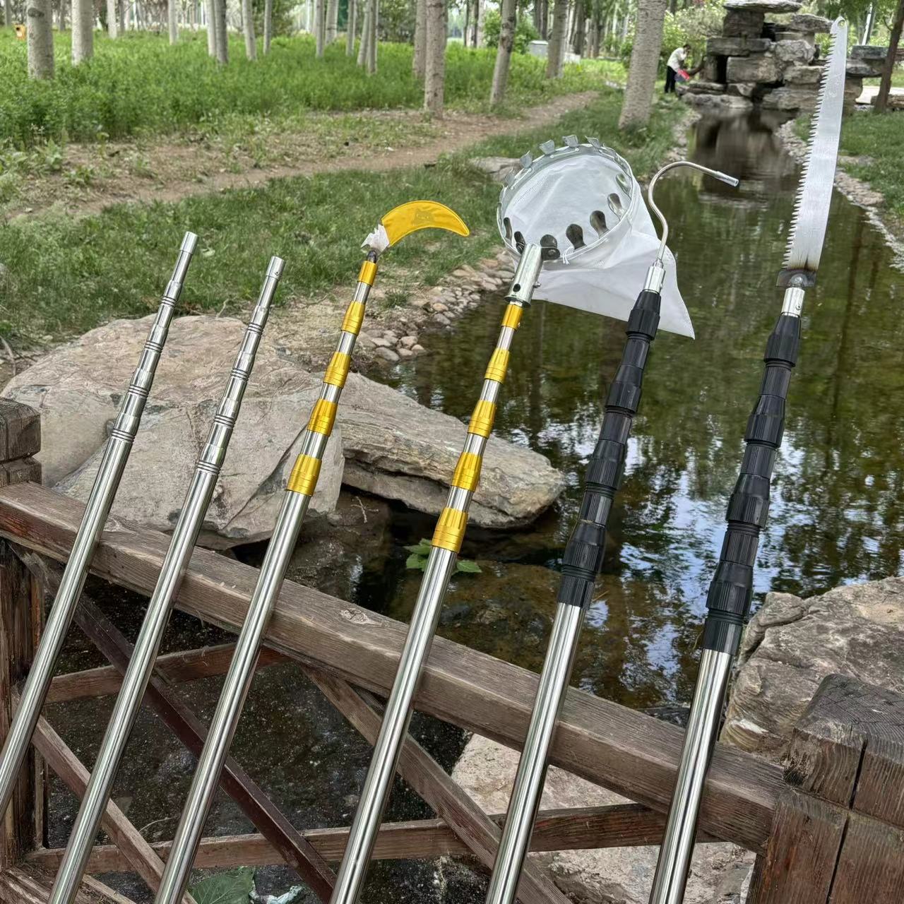 Набор из четырех предметов для сбора фруктов: нож и пилочка с крюком, нержавеющая сталь, сетка, копьевидный золотой телескопический шест, утолщенный телескопический фиксатор