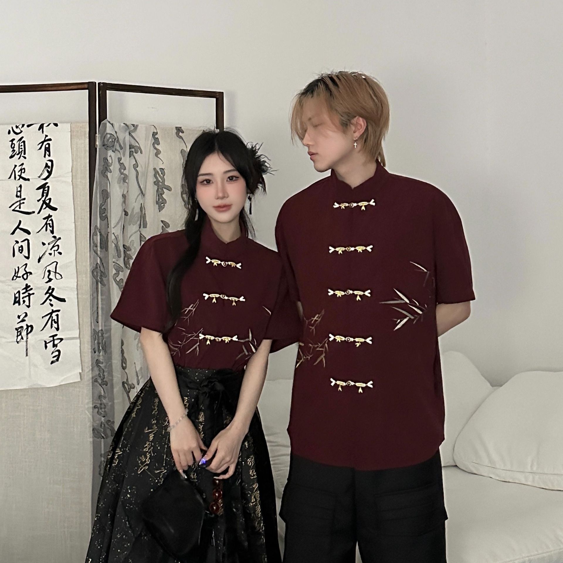 New Chinese Style Couple Outfit 2025 Summer Embroidered Bamboo Leaf Disc Button Short-Sleeved Shirt Chinese Style Horse Face Skirt Two-Piece Class Uniform