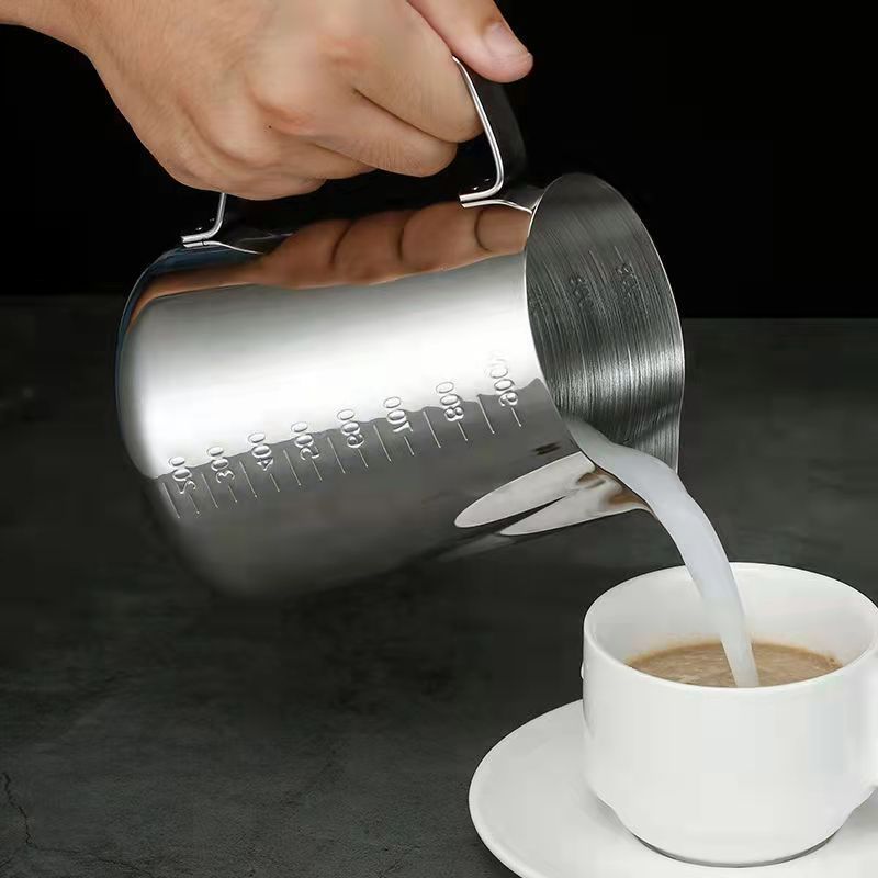 Factory wholesale stainless steel pull flower cup thickened pointed mouth with scale pull flower milk bubble tank fancy Milk Cup Coffee utensils
