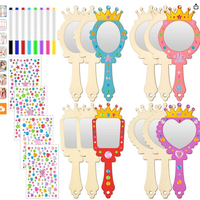 Cross-Border Crown Small Mirror 12-Piece Makeup Mirror Wooden White Blank DIY Pearl Snowflake Mud Painted Coloring Mirror Set