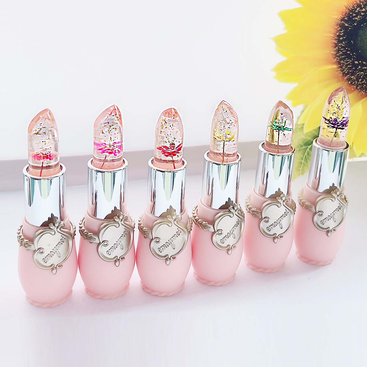 Cross-Border Emaymei Dried Flower Gold Foil Jelly Color Changing Lipstick Transparent Flower Lipstick Moisturizing Color Changing Lipstick Wholesale