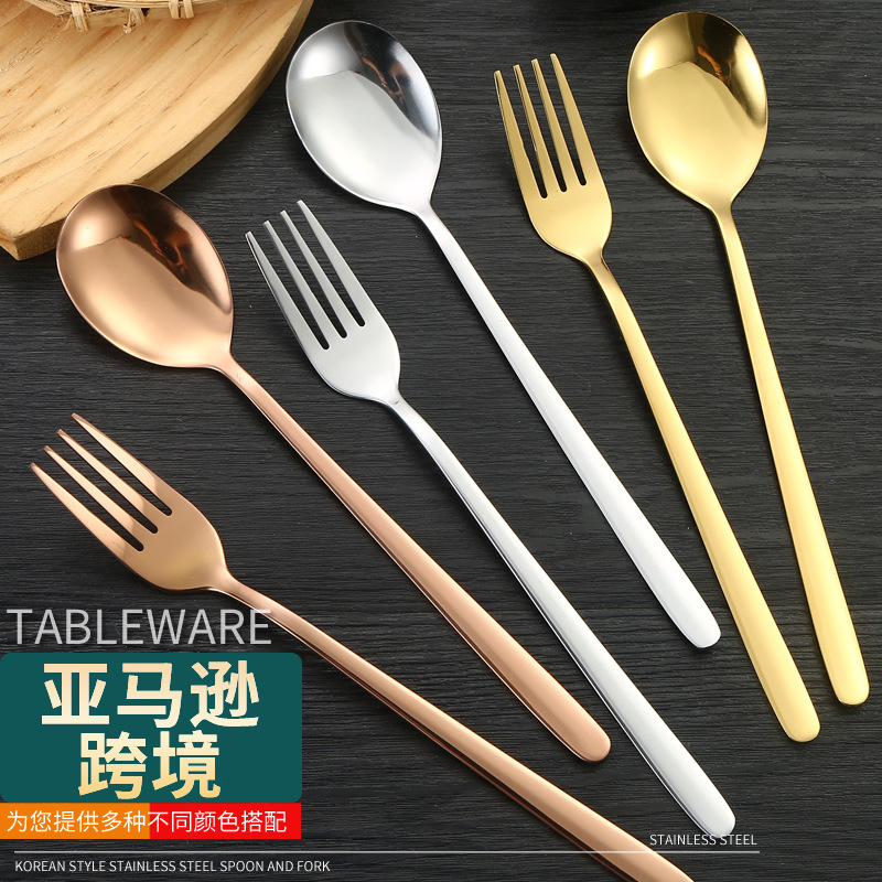 Korean-style Stainless Steel Spoon Fork Long-handle Spoon Fork Household Hotel Restaurant Dessert Bibimbap Spoon Cross-border Tableware suit