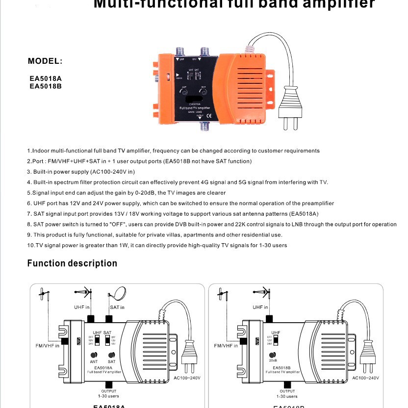 antenaTV amplificador FM/VHF UHF SAT in 1user CATV TV Amplifier