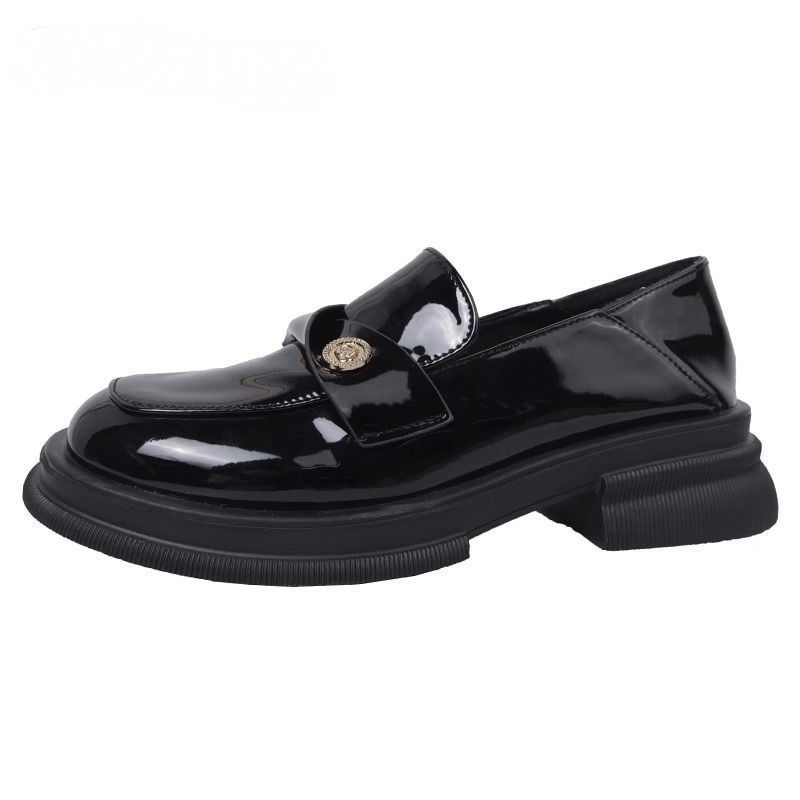 Trendy Versatile Shiny Leather Loafers 2025 New Korean Style Elegant Medium Chunky Heel Round Toe Thick-Soled Women's Shoes