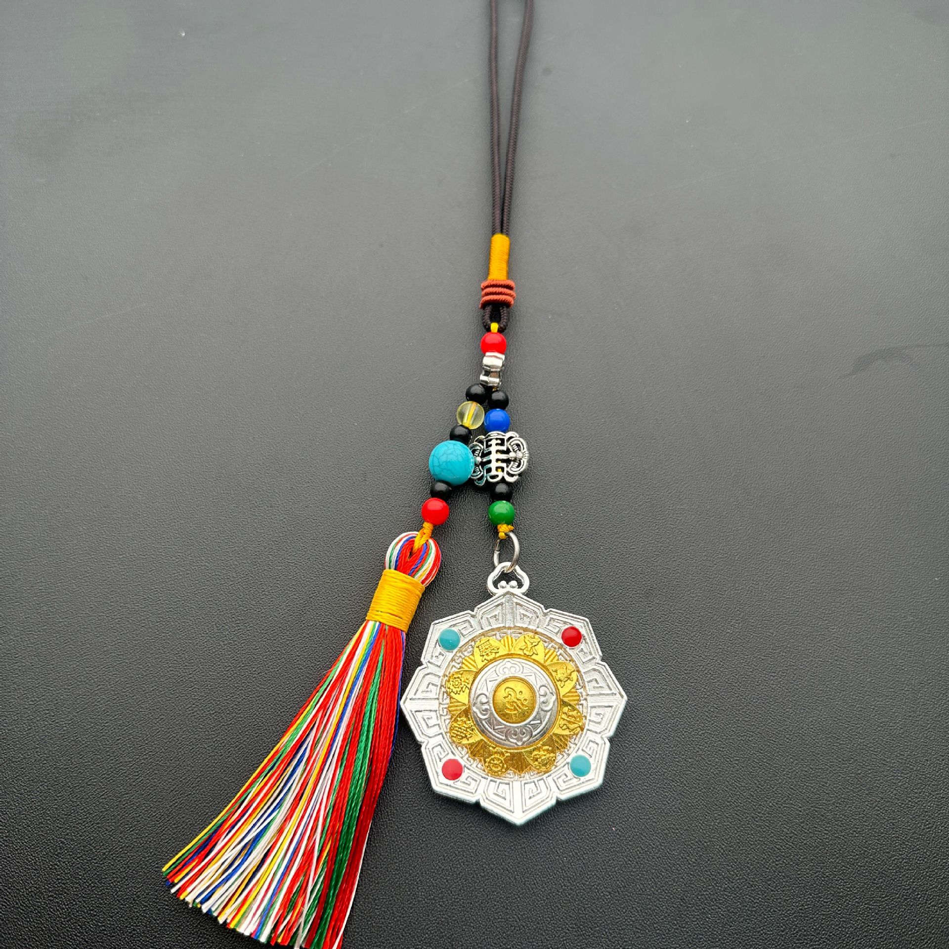 Xizang Ritual Pendant, Padmasambhava Nine-Compartment Bagua Amulet, Xizang Buddhist Amulet, Alloy Xizang-Style Waist Pendant, Copper Mirror Tassel for Blessing