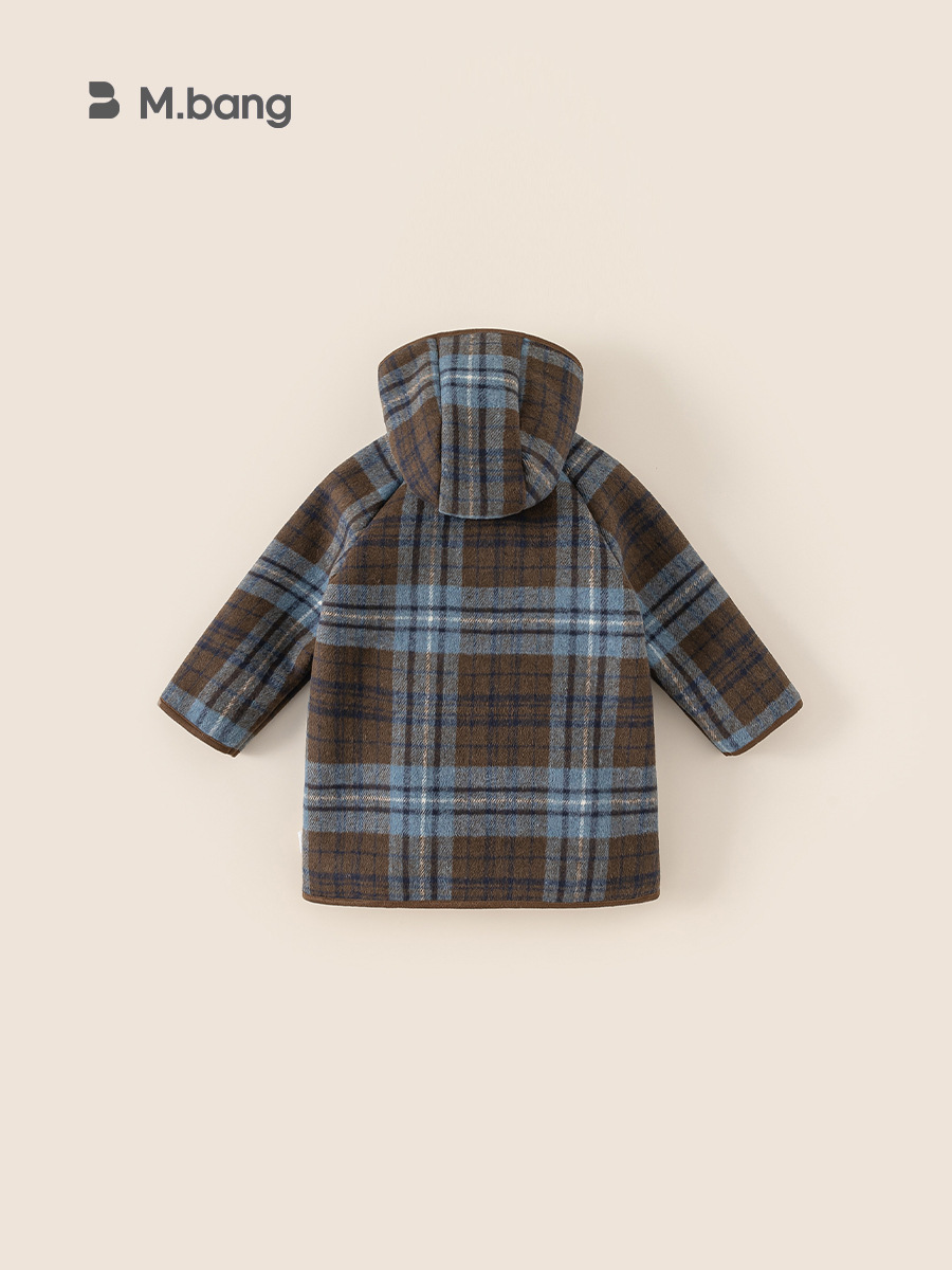 Bangxuan New Winter Children's Mid-Length Warm Plaid Clothing for Babies, Boys' Hooded Jacket, Girls' Woolen Coat