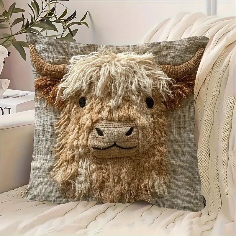 Cross-Border Hot-Selling Highland Cow Pillow Cover, Skin-Friendly Short Plush, Cute Animal Print Sofa, Living Room Decorative Cushion Cover