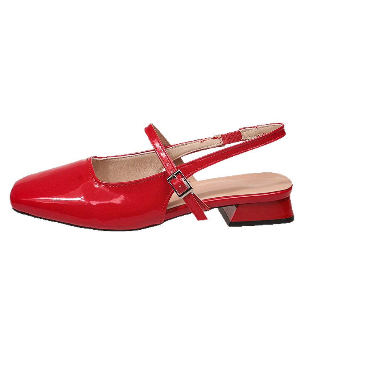 Women's Cherry Patent Leather Slingback Ballet Flats New Square Toe Mary Jane French Shallow Mouth One-Strap Toe Shoes