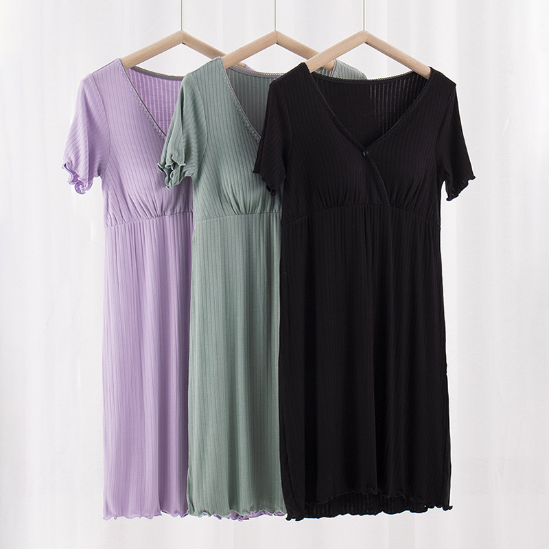 Nursing Dress V-Shaped Cross Neckline Home Confinement Clothing Can Be Inserted into the Cup Nursing Pajamas Fashionable and Versatile