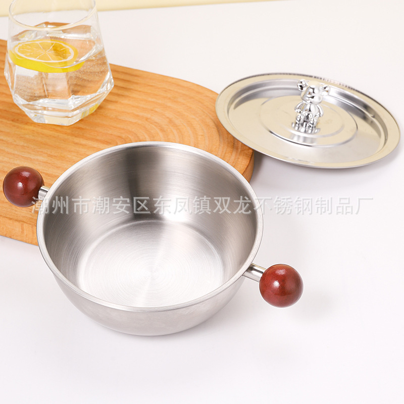 Cross-Border Walnut Handle Stainless Steel Mini Pot Instant Noodle Pot Salad Bowl Baked Rice Pot Food Supplement Pot Milk Pot Japanese Style Single Person