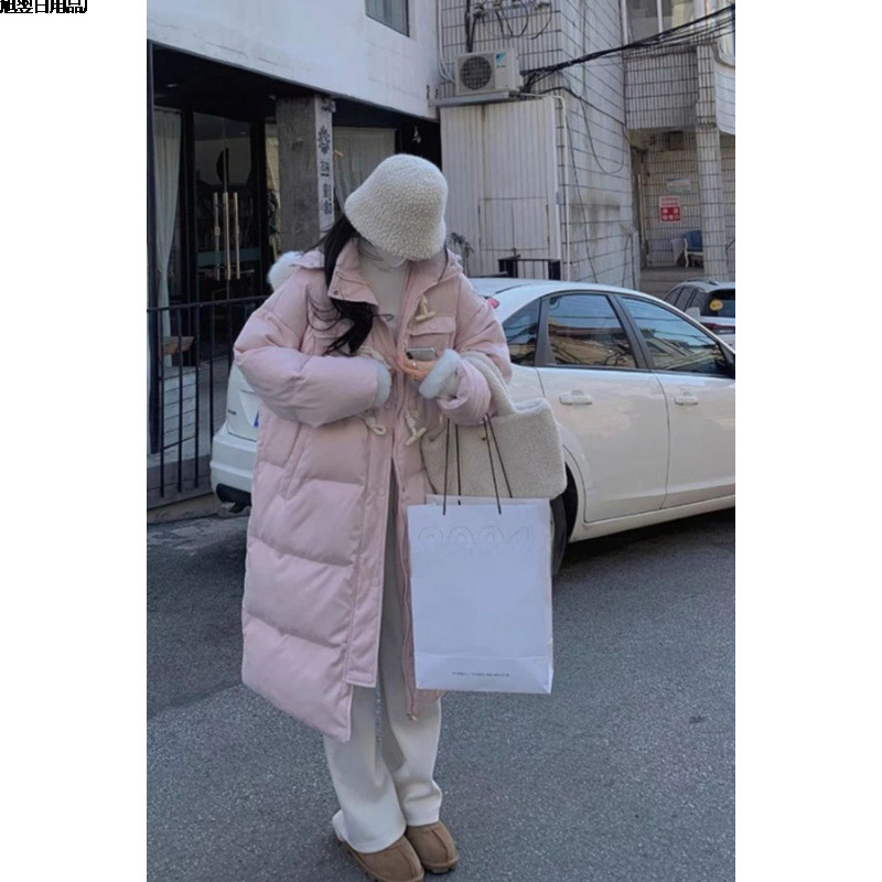 Куртка с роговыми пуговицами, женская, средней длины, зимняя, новый стиль, выше колена, свободная, с большим меховым воротником, из белого утиного пуха, утолщенная, полиуретан