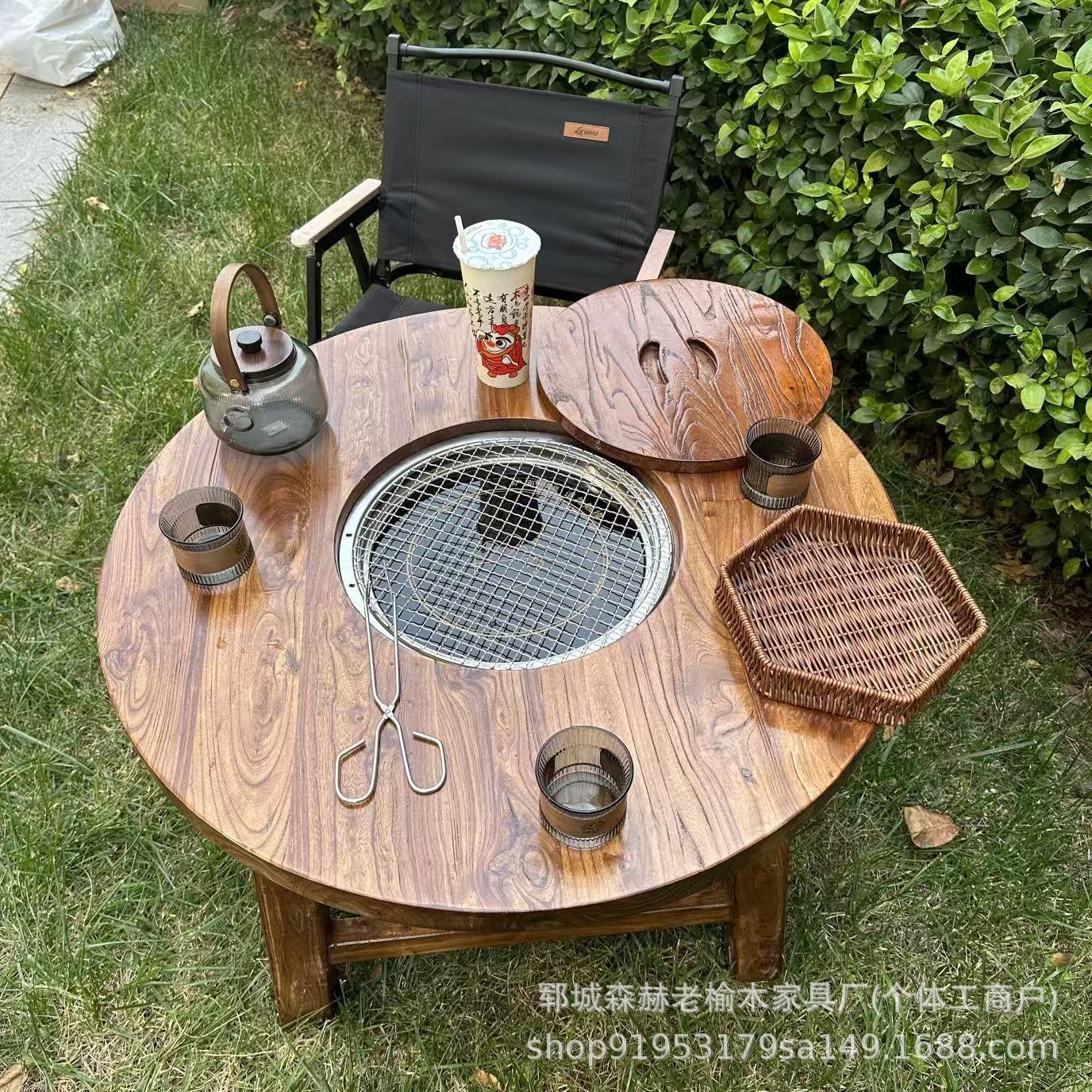 Стол из старого вяза японский чайный стол, четырехсезонная плита, стол для чая из массива дерева, комбинация обеденного стола и стульев, домашний огневой стол