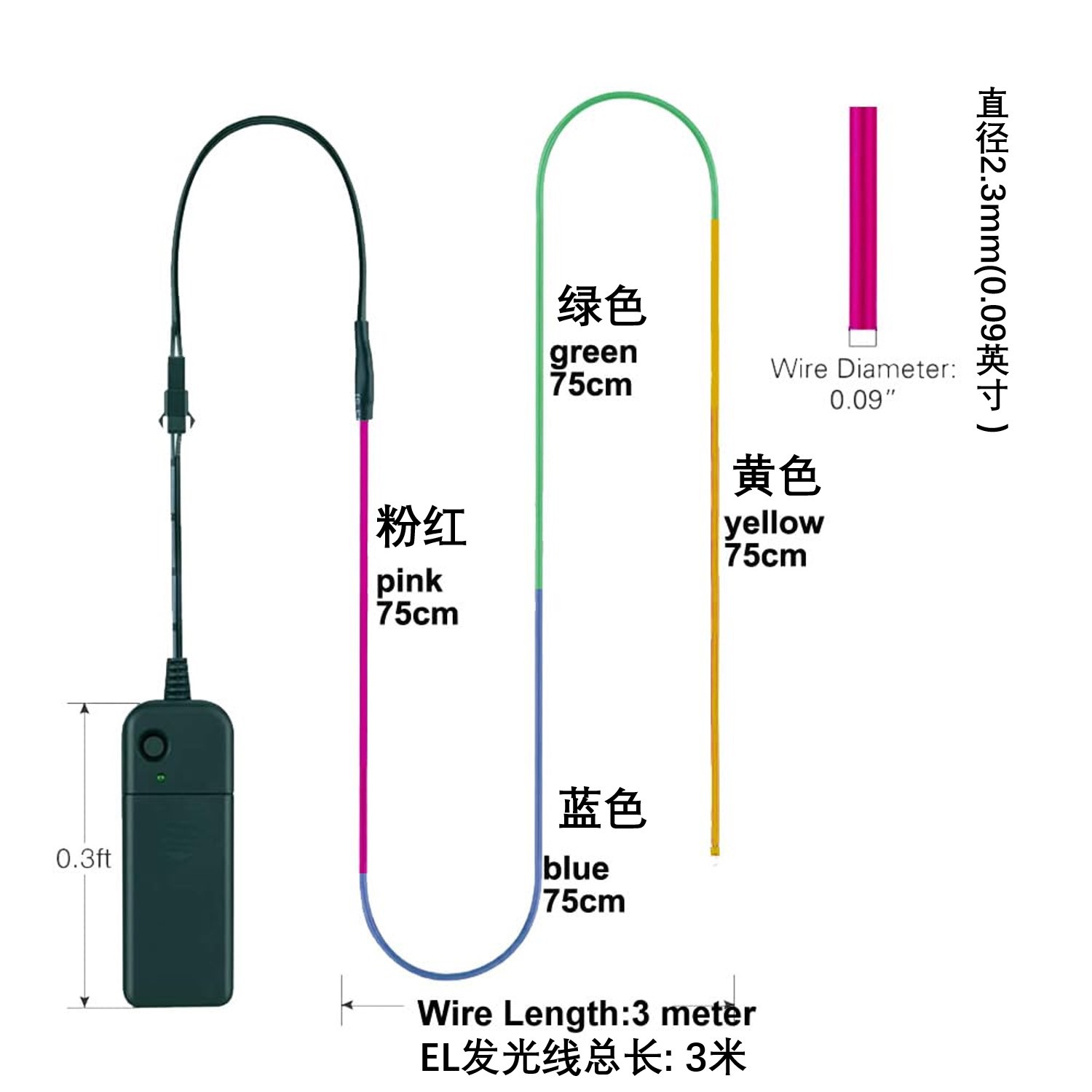 9.9 Feet / 3m Long Multi-Color El Luminous Wire 3V Battery Box Cold Light Wire DIY Glasses and Clothing Suitable for Parties