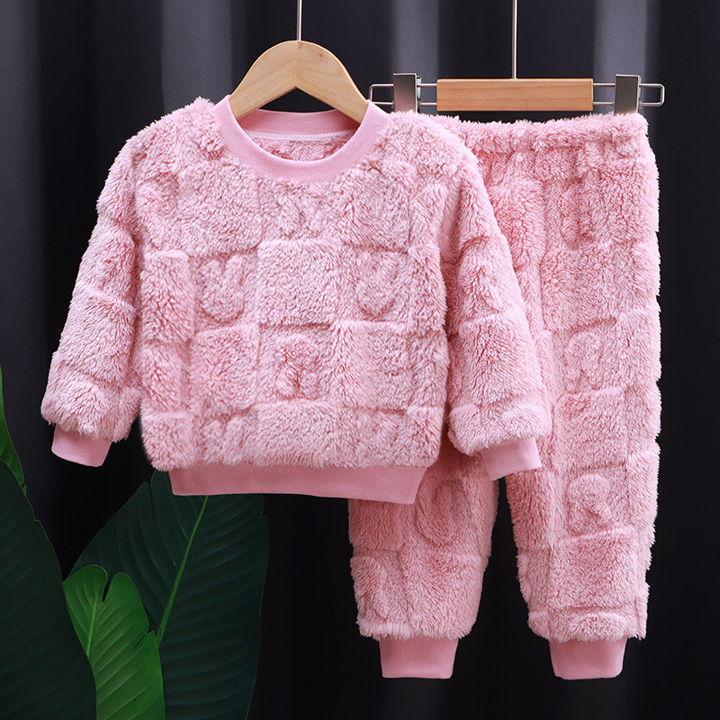 Children's Autumn and Winter Flannel Pajamas Set Korean Style Boys' Velvet Thickeneded Home Clothes Girls' Thermal Intimates Set
