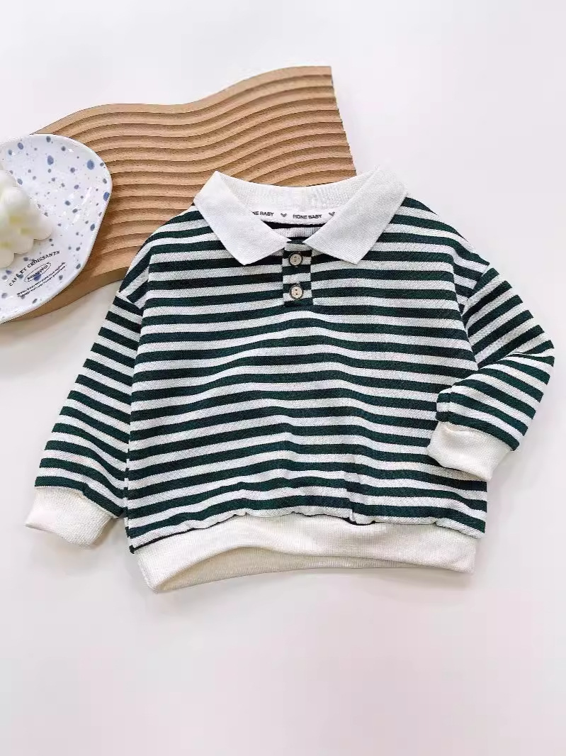 Spring and Autumn Children's Polo Sweatshirt 2025 New Long Sleeve Lapel Striped Sweatshirt Baby Fashionable Top Children's Clothing Wholesale