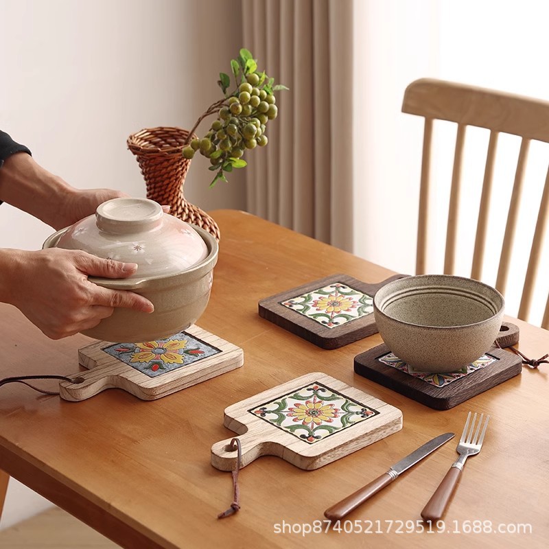Japanese Style Solid Wood Tile Heat Insulation Pot Mat Home Vintage Dining Mat Sand Pot Mat High Temperature Resistant Kitchen Table Mat Coaster