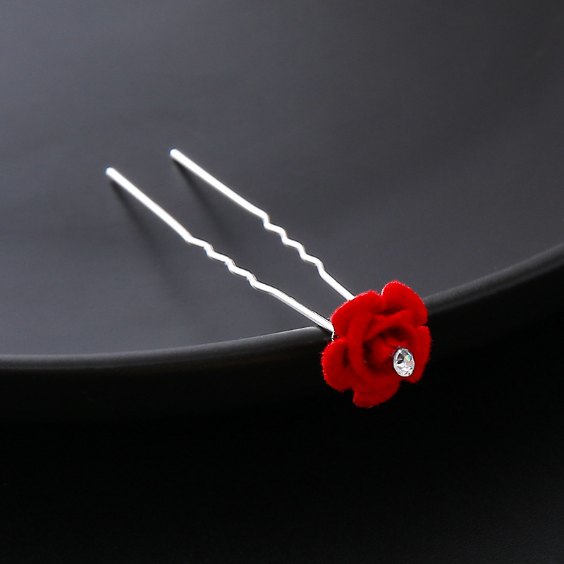 Burgundy Rose Bud Versatile U-Shaped Hair Fork Ball Headband Flower Bride Chinese Dress Style Hairpin