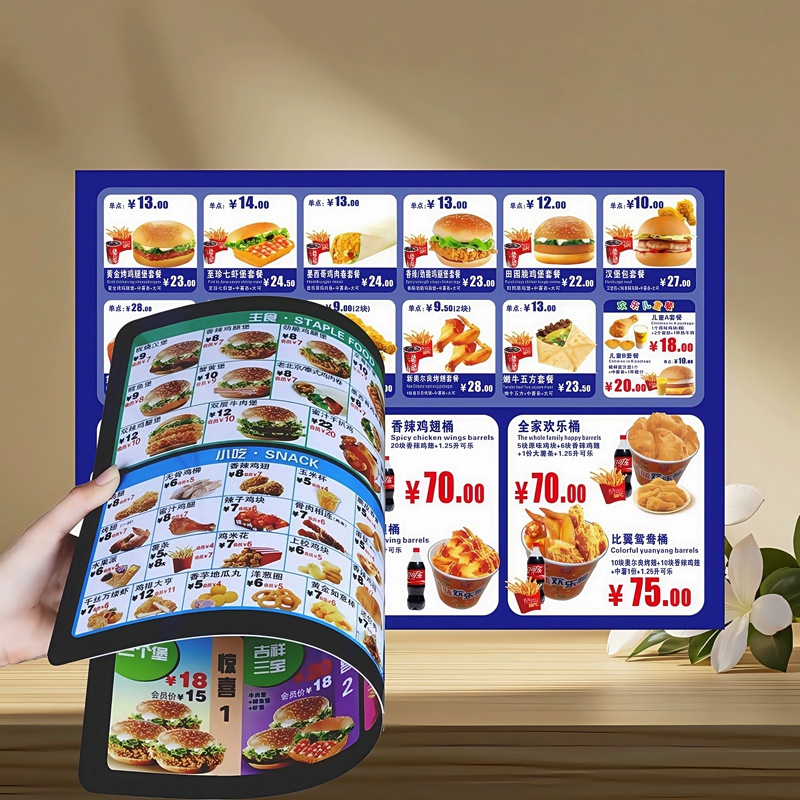 Pvc Menu Design and Production Price Menu Printing Plastic Sealing Snack Drink Shop Hotel Display Sign Waterproof Customization