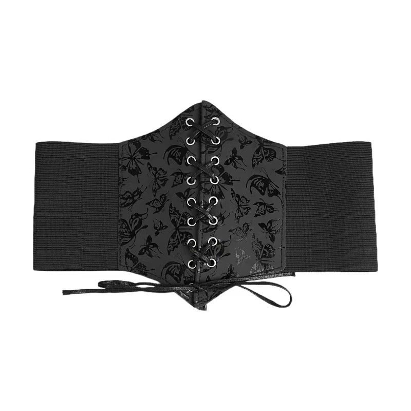 European and American Style Women's Palace-Style Shapewear Belt with Embroidered Rose Bouquet, Paired with a Dress and Wide Waist Belt