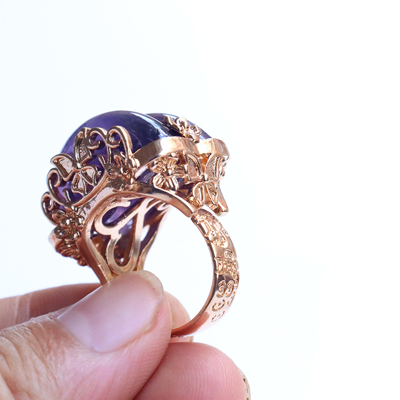 Floral Natural Stone Crystal Korean Style Ring Irregular Raw Stone Amethyst Tiger Eye Stone Rose Quartz Inlaid Copper Ring